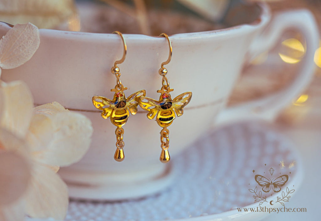 Handmade Stained glass inspired Honey bee earrings - 13th Psyche