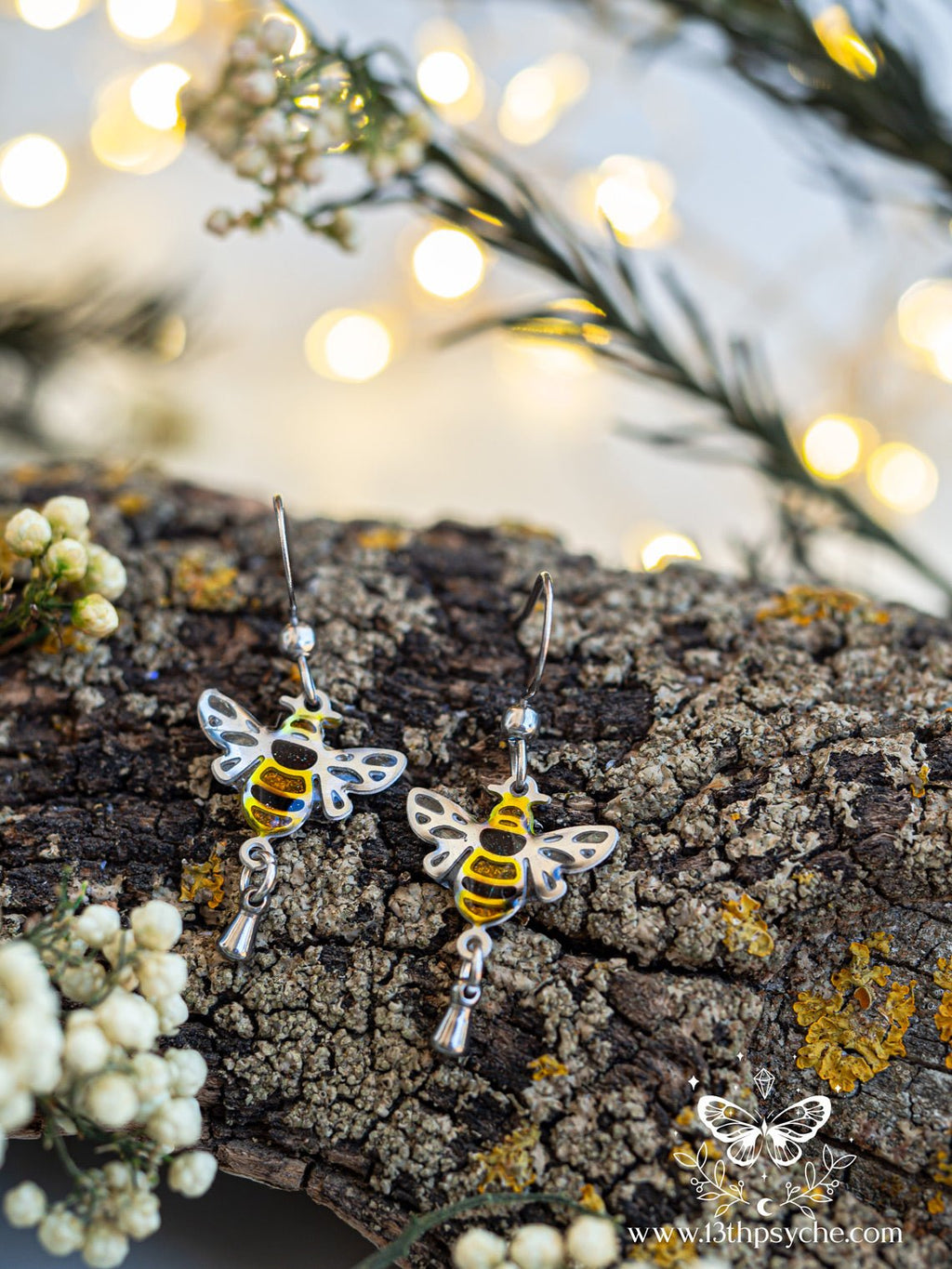 Handmade Stained glass inspired Honey bee earrings - 13th Psyche