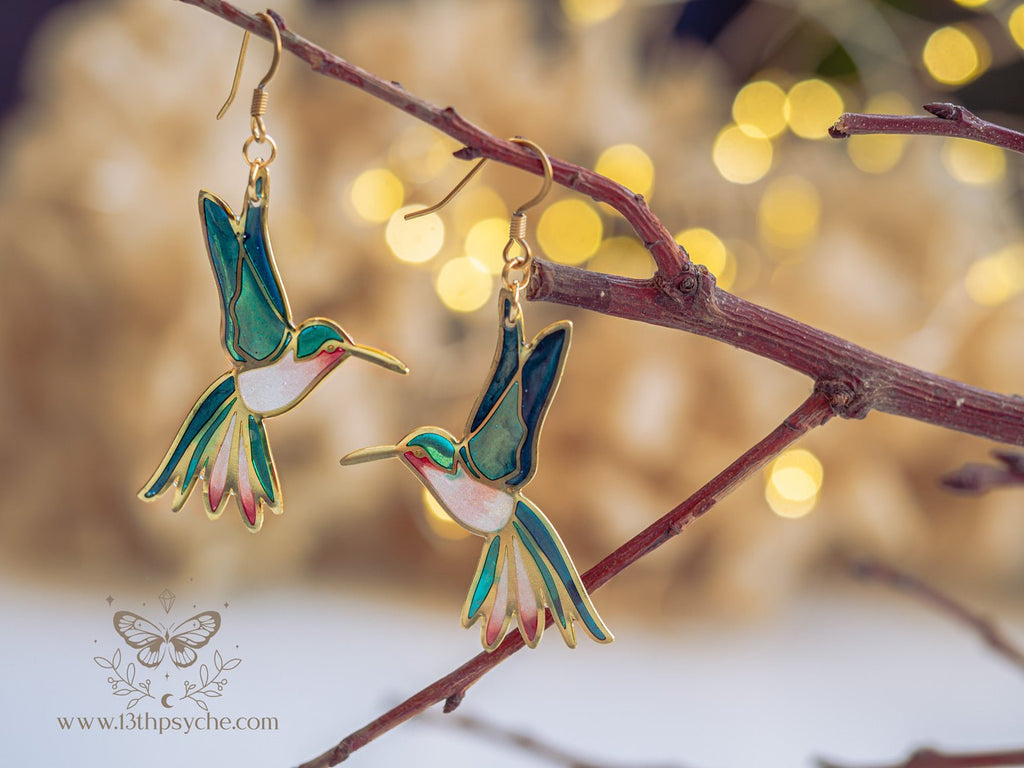 Handmade Stained glass inspired hummingbird earrings - 13th Psyche