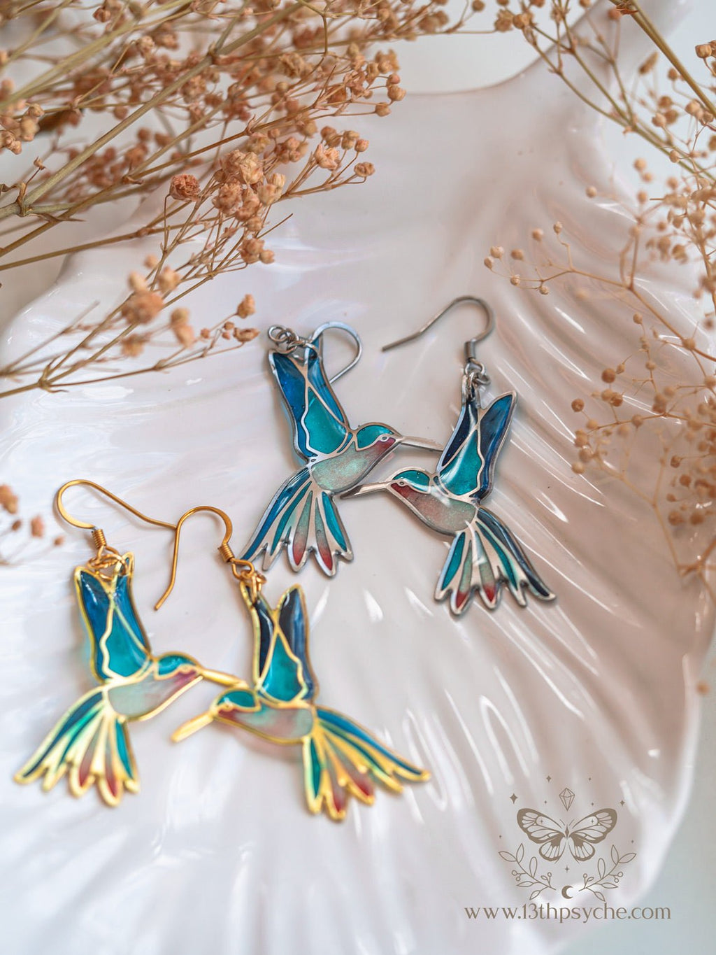 Handmade Stained glass inspired hummingbird earrings - 13th Psyche