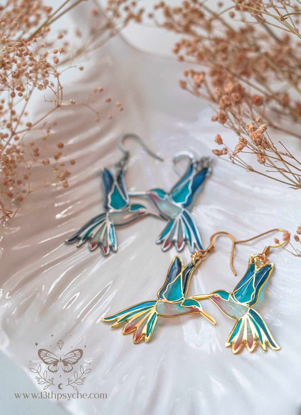 Handmade Stained glass inspired hummingbird earrings - 13th Psyche