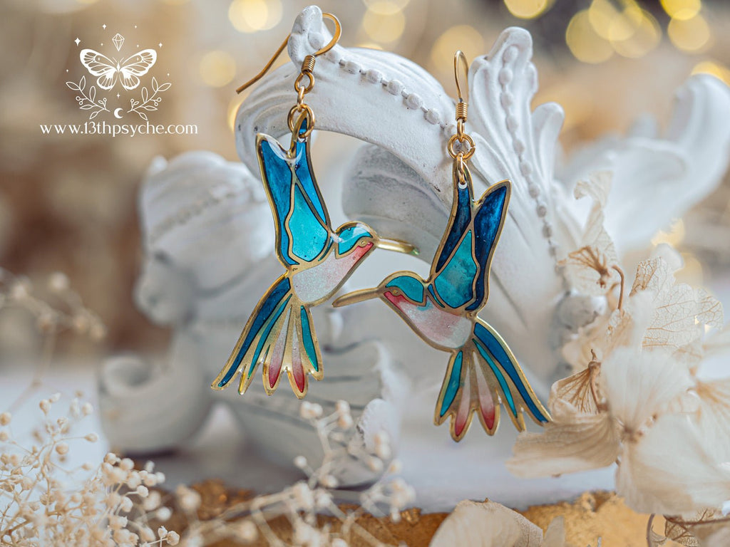 Handmade Stained glass inspired hummingbird earrings - 13th Psyche