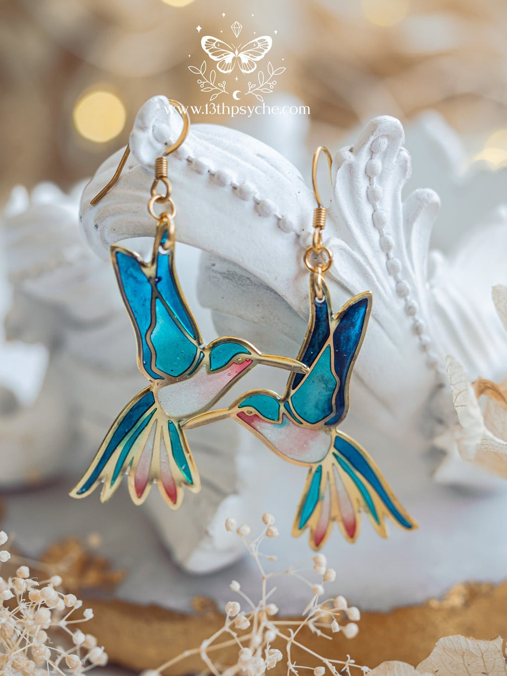 Handmade Stained glass inspired hummingbird earrings - 13th Psyche