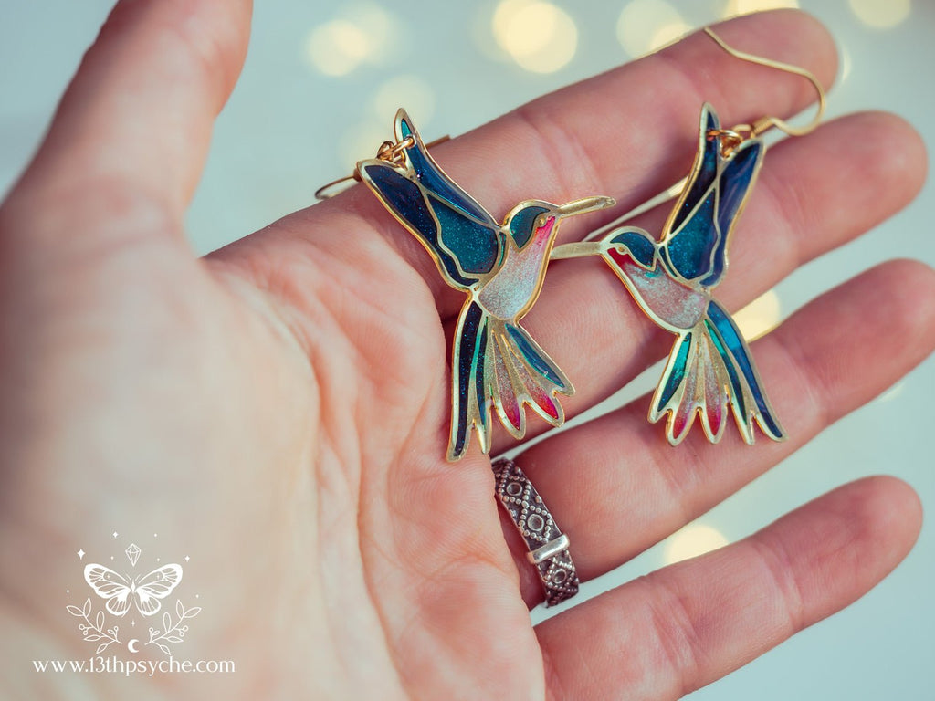 Handmade Stained glass inspired hummingbird earrings - 13th Psyche