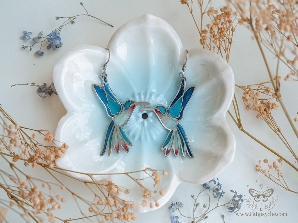 Handmade Stained glass inspired hummingbird earrings - 13th Psyche