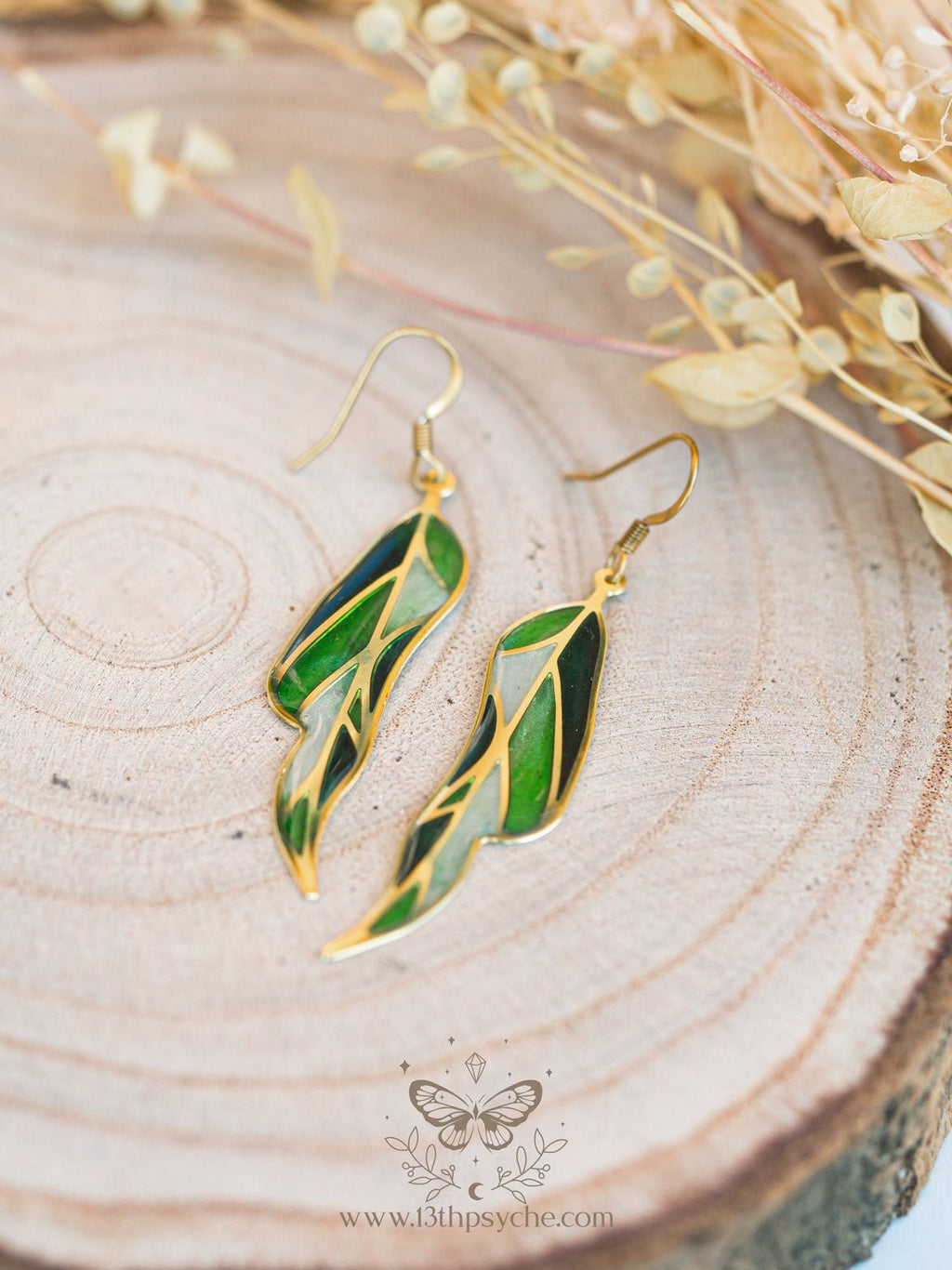 Handmade Stained glass inspired leaf earrings, Summer version - 13th Psyche