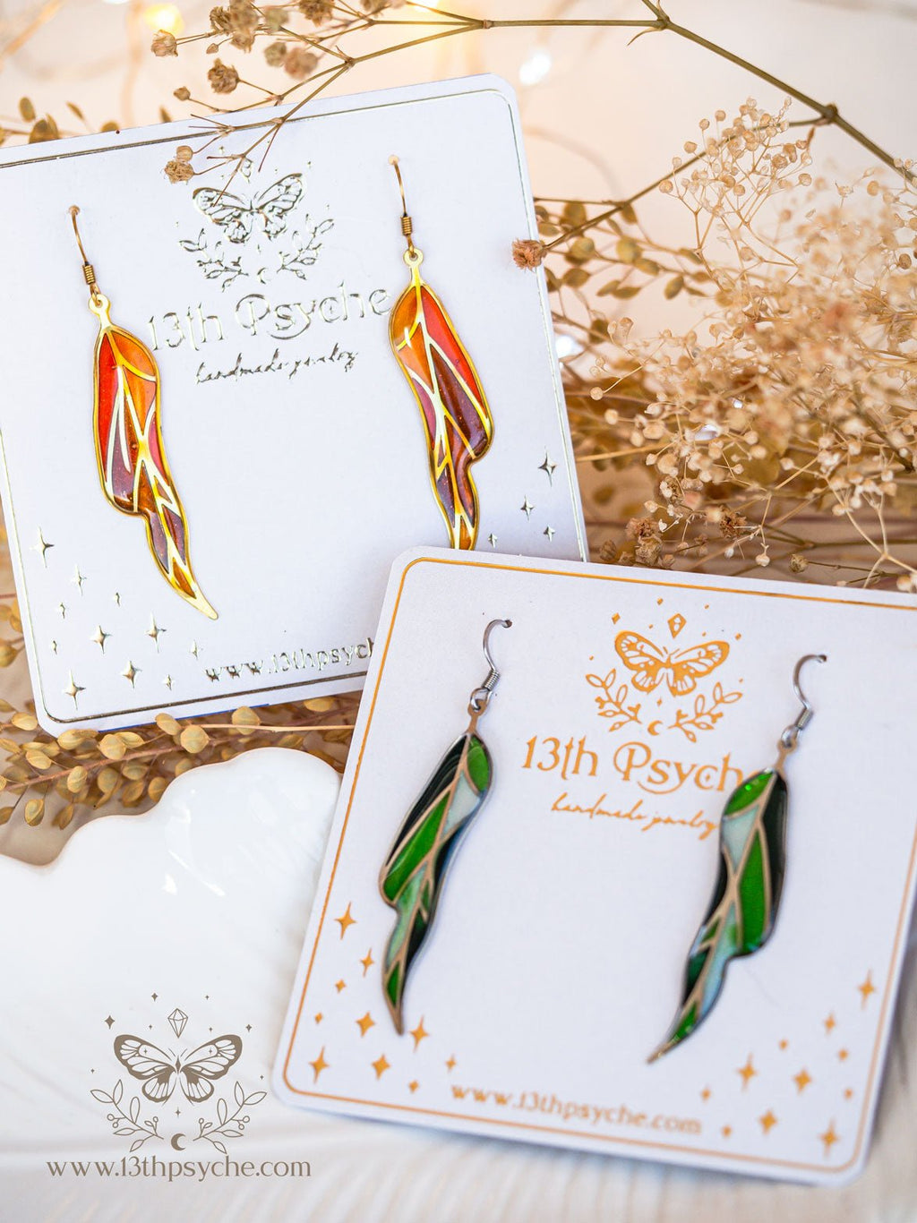 Handmade Stained glass inspired leaf earrings, Summer version - 13th Psyche