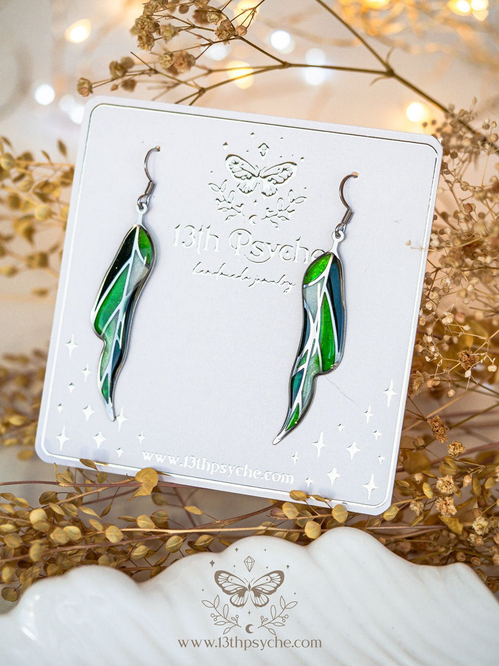 Handmade Stained glass inspired leaf earrings, Summer version - 13th Psyche
