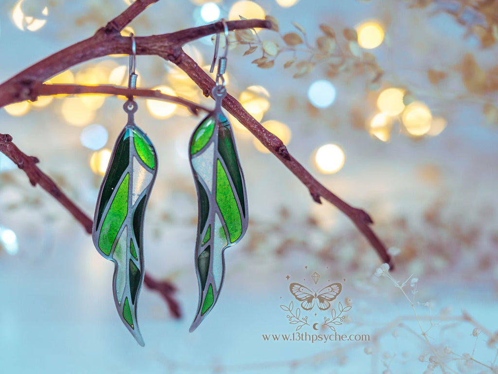 Handmade Stained glass inspired leaf earrings, Summer version - 13th Psyche