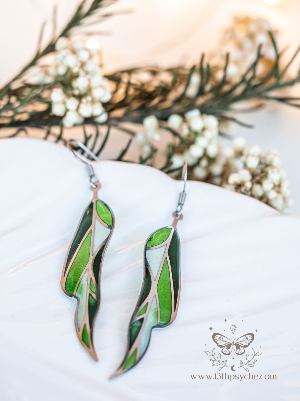 Handmade Stained glass inspired leaf earrings, Summer version - 13th Psyche