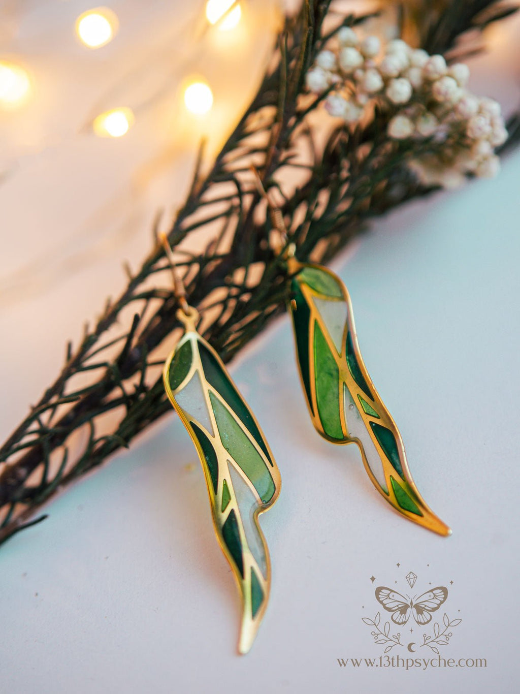 Handmade Stained glass inspired leaf earrings, Summer version - 13th Psyche