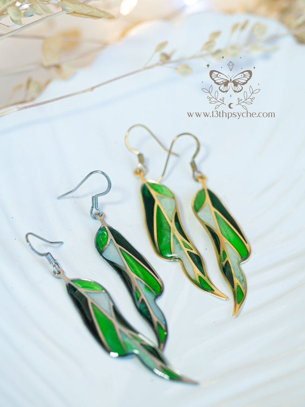 Handmade Stained glass inspired leaf earrings, Summer version - 13th Psyche