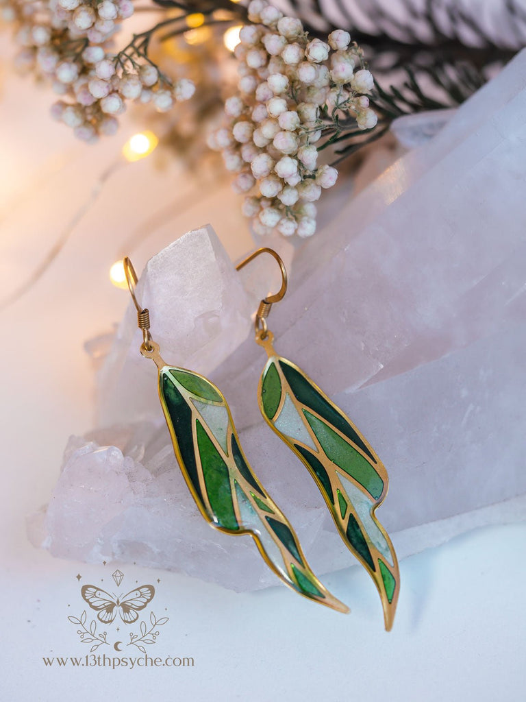 Handmade Stained glass inspired green leaf earrings | 13th Psyche