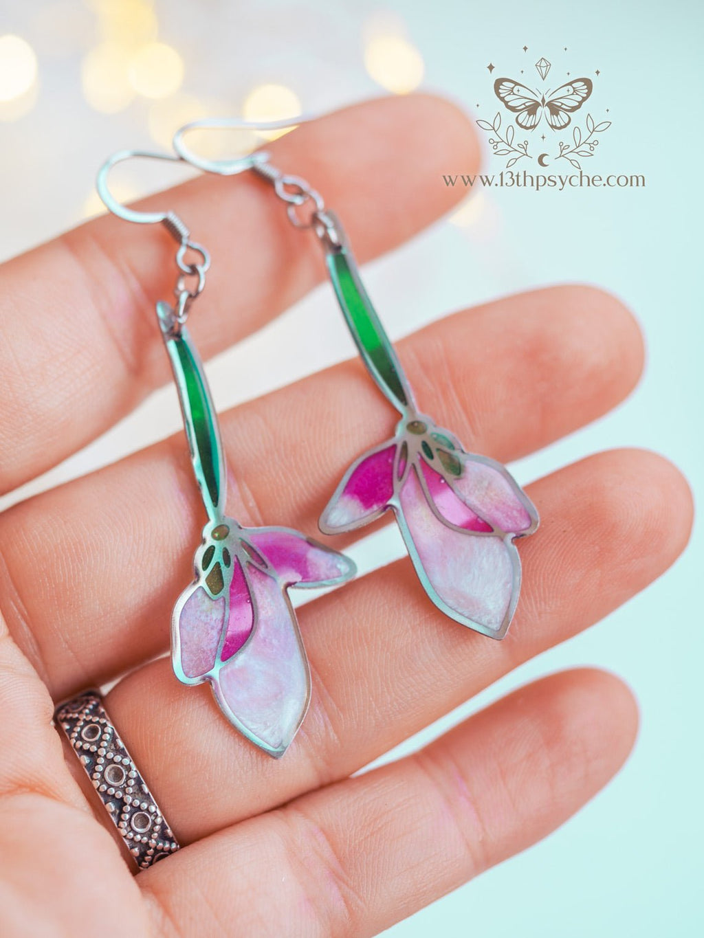 Handmade Stained glass inspired long pink flower earrings - 13th Psyche