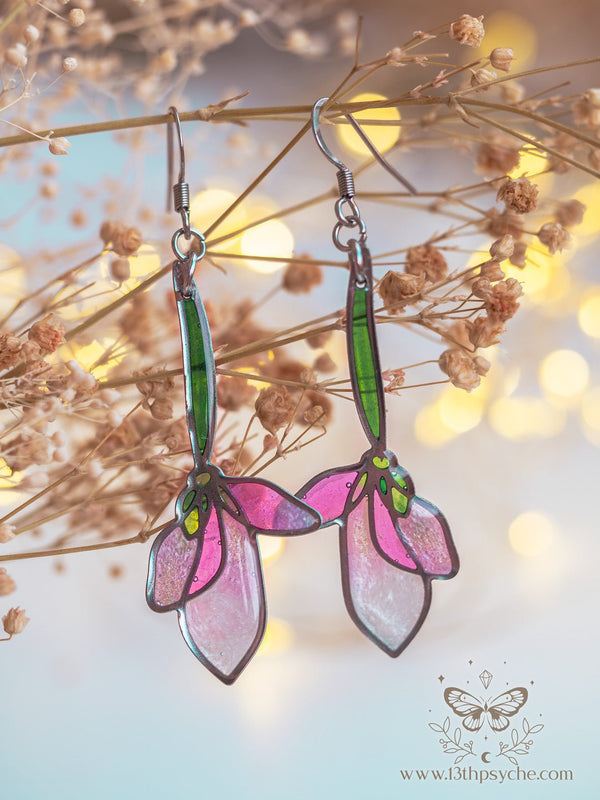 Handmade Stained glass inspired long pink flower earrings - 13th Psyche
