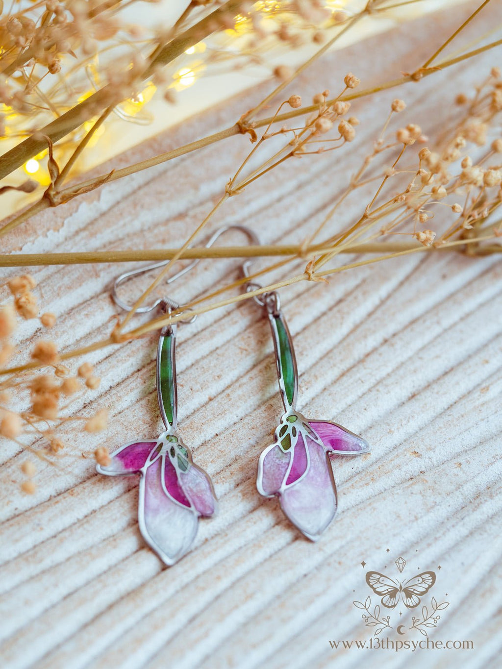 Handmade Stained glass inspired long pink flower earrings - 13th Psyche