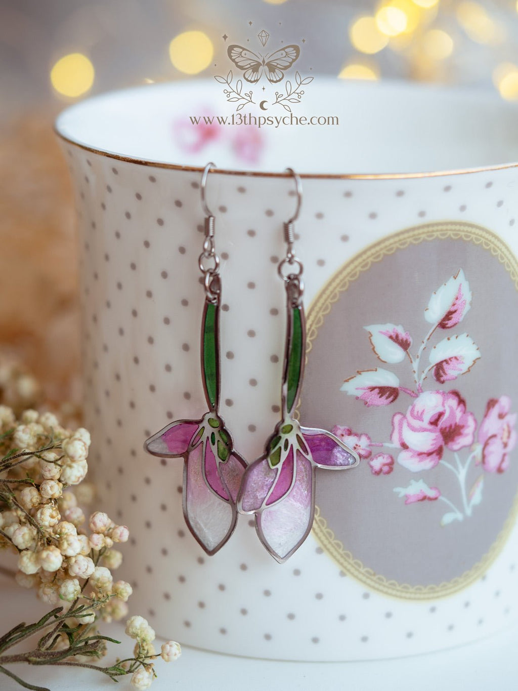 Handmade Stained glass inspired long pink flower earrings - 13th Psyche