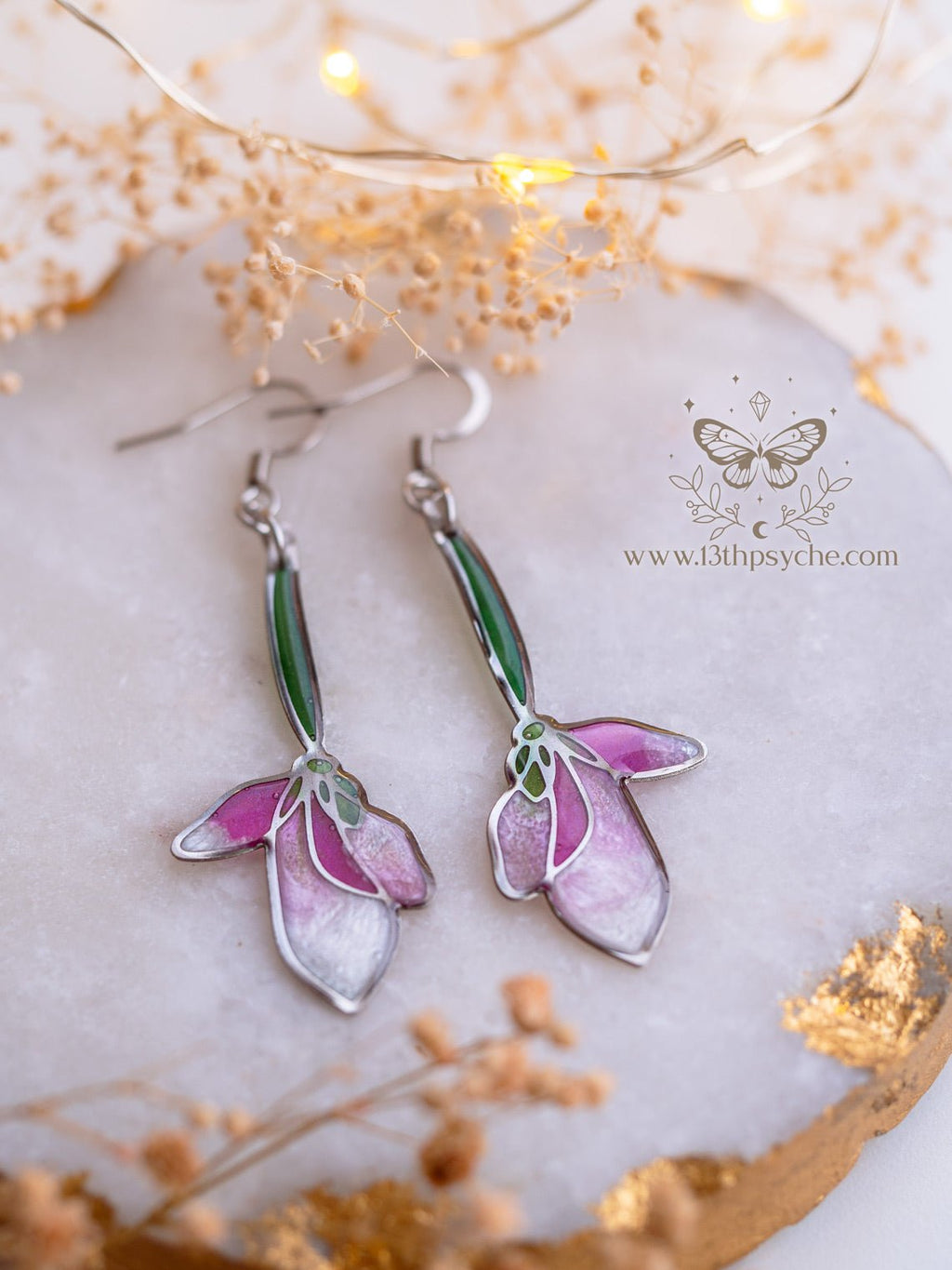 Handmade Stained glass inspired long pink flower earrings - 13th Psyche