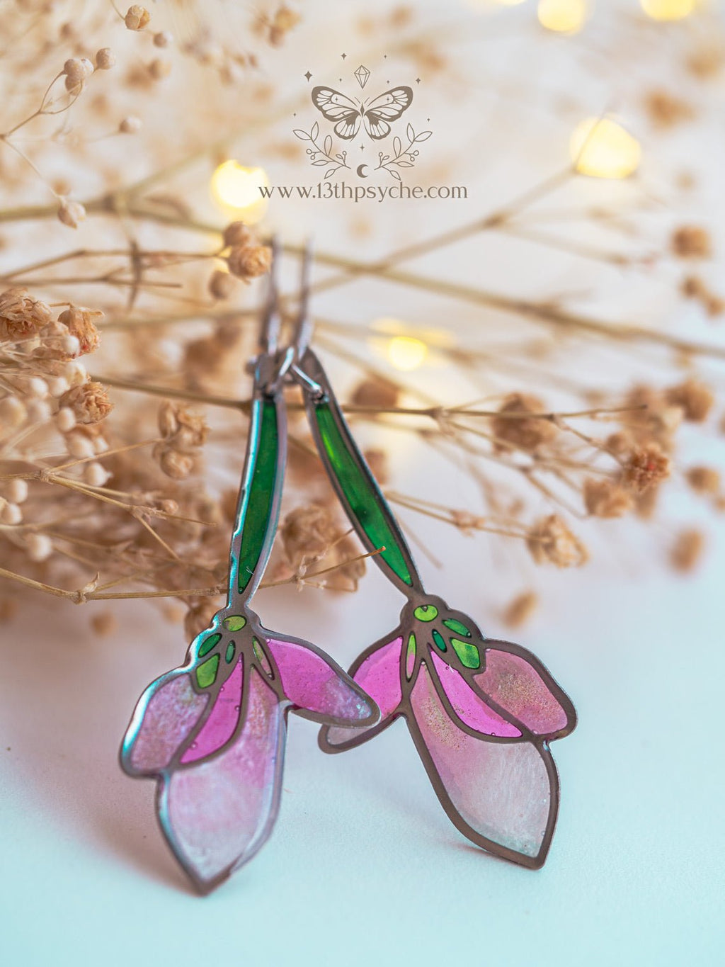 Handmade Stained glass inspired long pink flower earrings - 13th Psyche