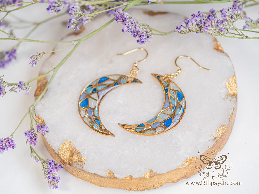 Handmade Stained glass inspired moon earrings - 13th Psyche