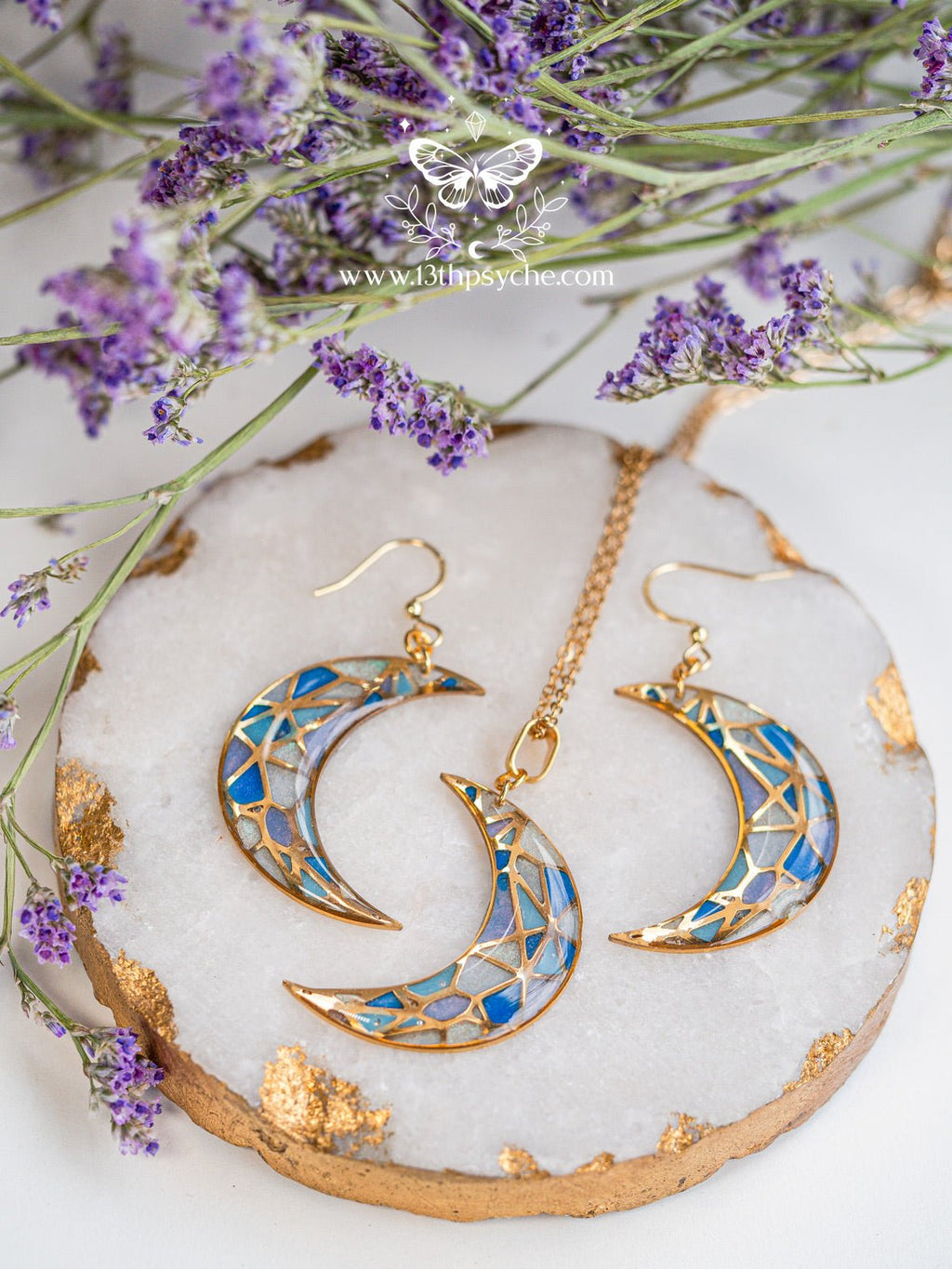 Handmade Stained glass inspired moon earrings - 13th Psyche