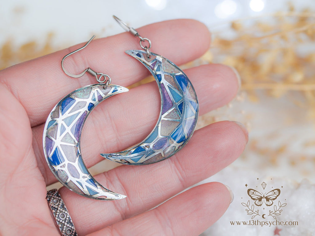 Handmade Stained glass inspired moon earrings - 13th Psyche