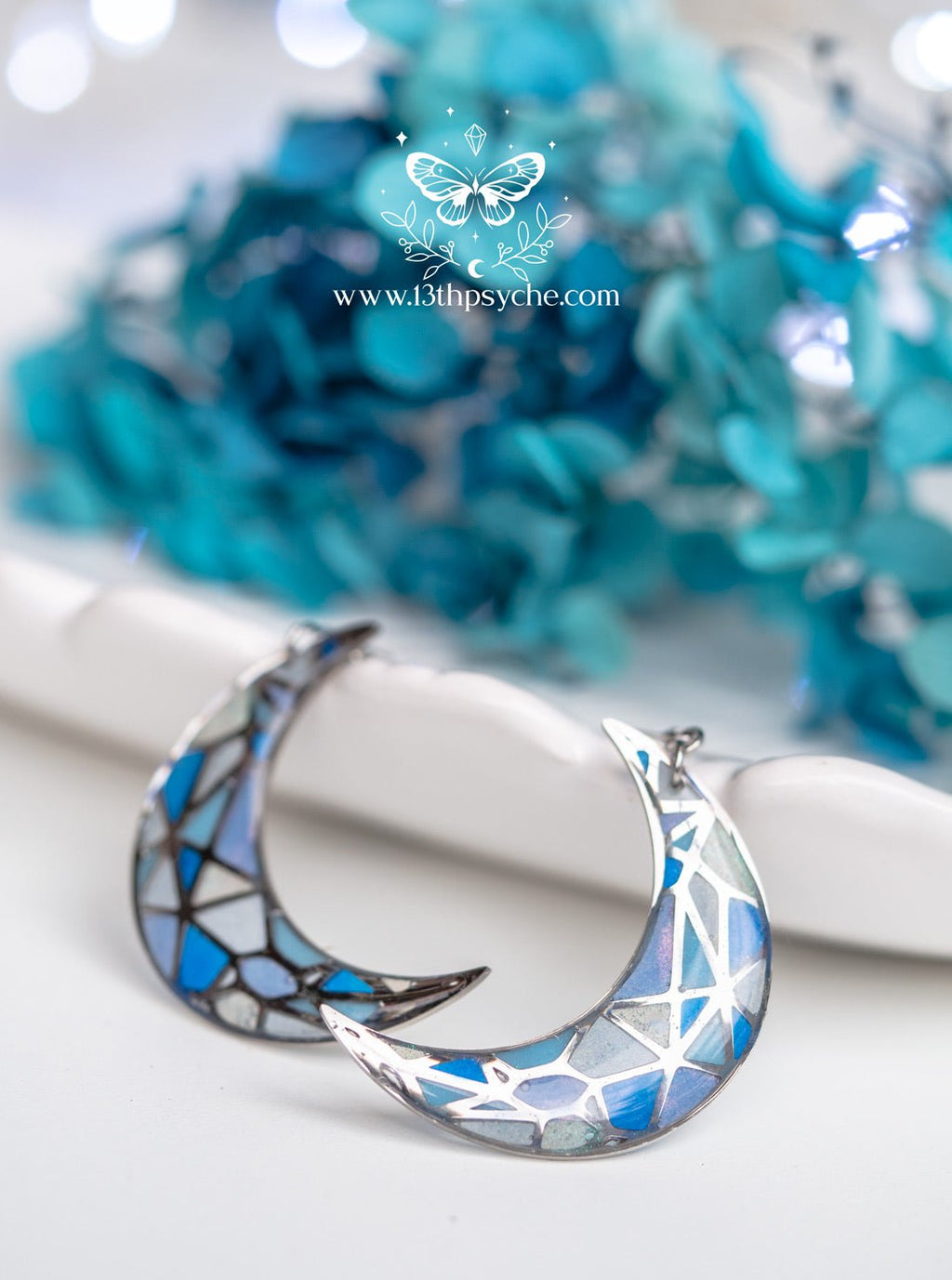 Handmade Stained glass inspired moon earrings - 13th Psyche
