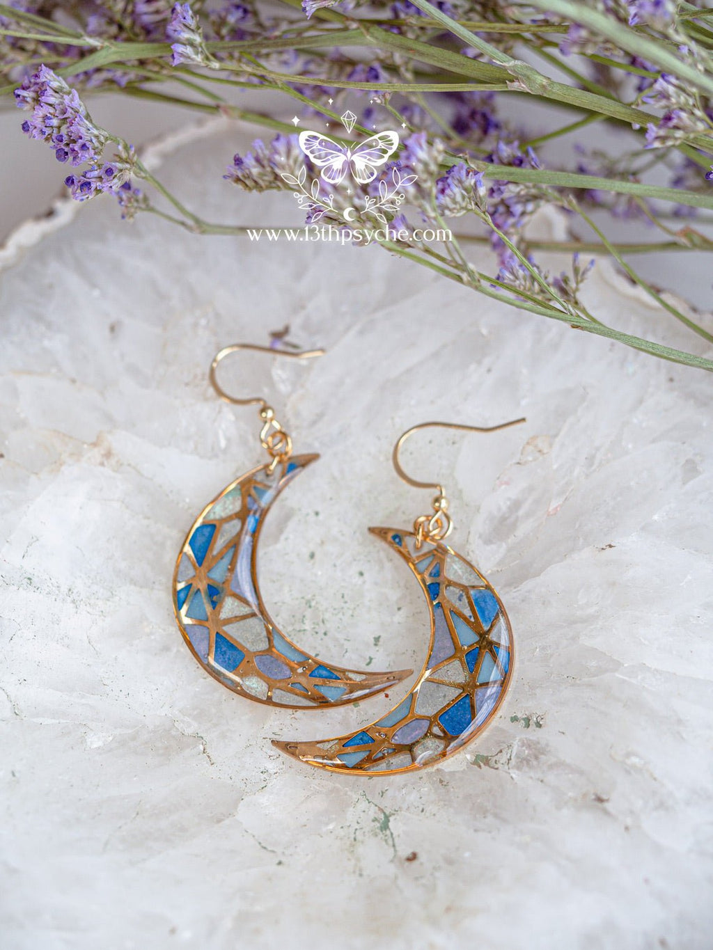 Handmade Stained glass inspired moon earrings - 13th Psyche