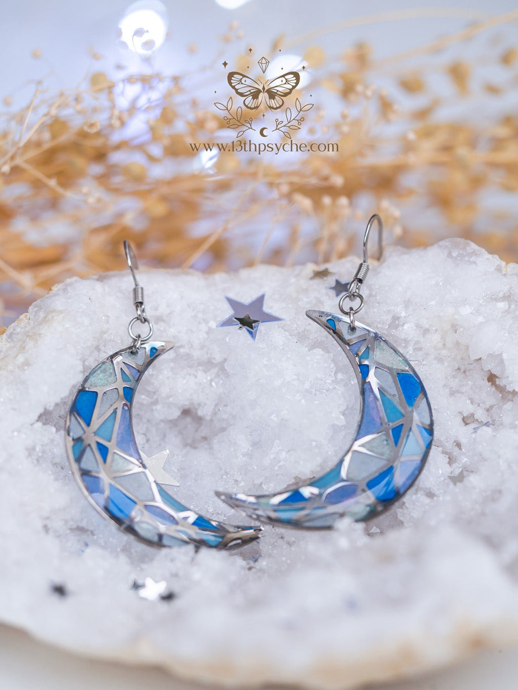 Handmade Stained glass inspired moon earrings - 13th Psyche