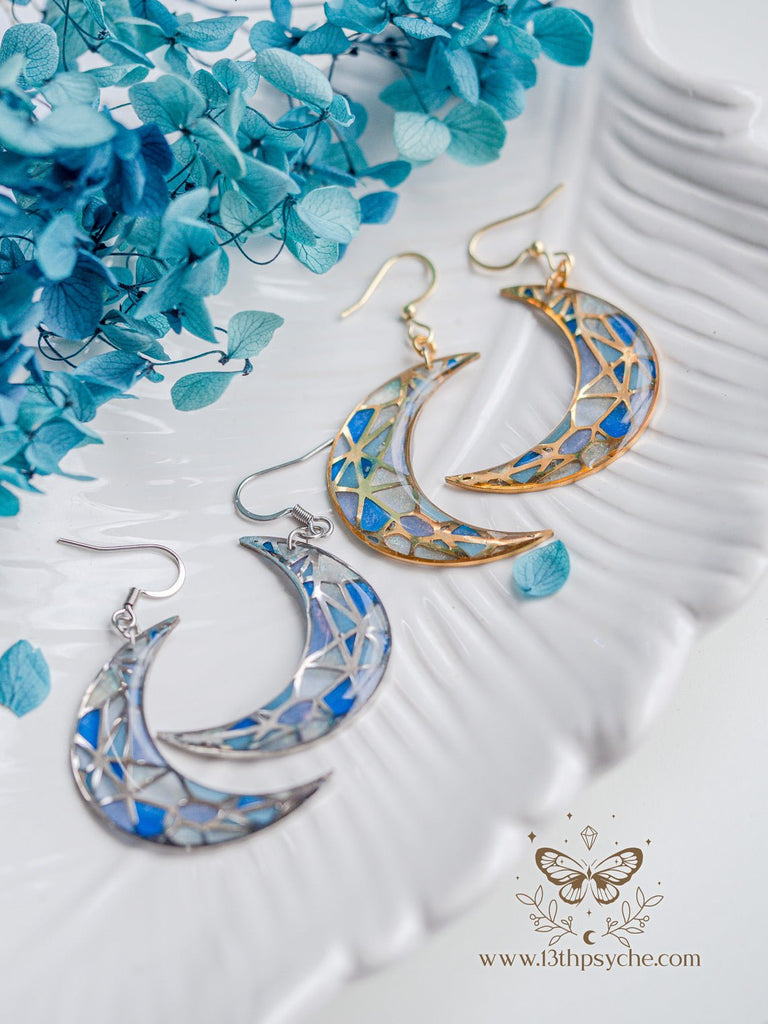 Handmade Stained glass inspired moon earrings - 13th Psyche