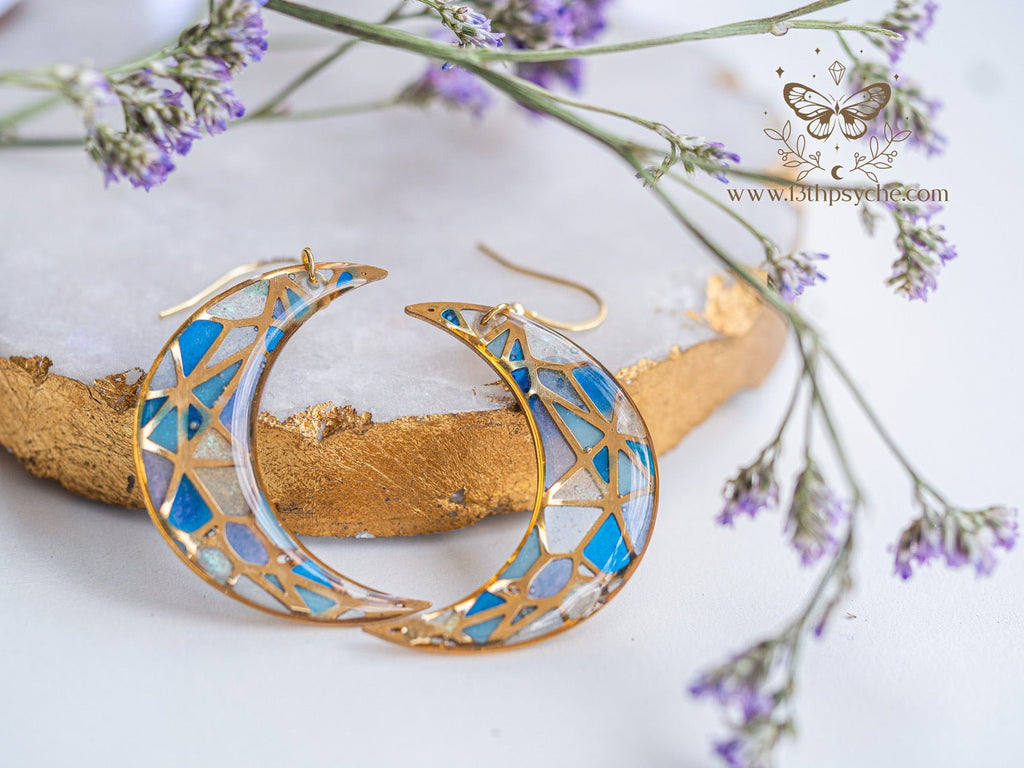 Handmade Stained glass inspired moon earrings - 13th Psyche