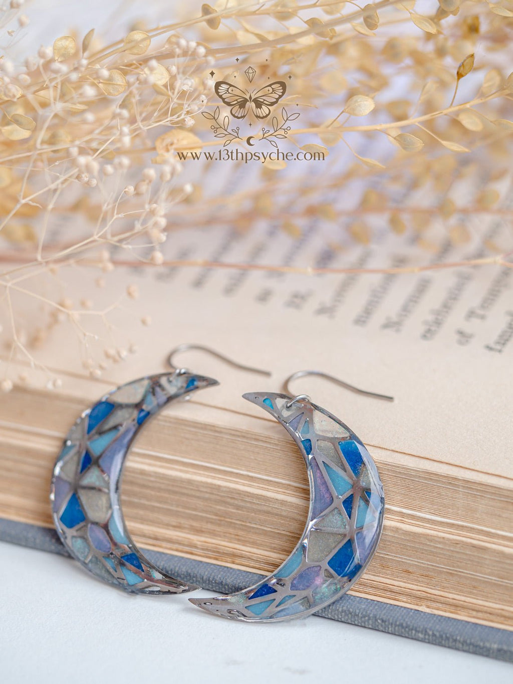Handmade Stained glass inspired moon earrings - 13th Psyche