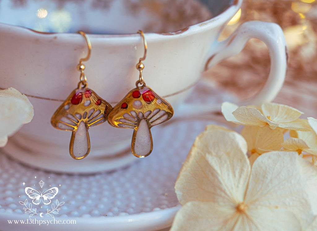 Handmade Stained glass inspired Mushroom earrings - 13th Psyche