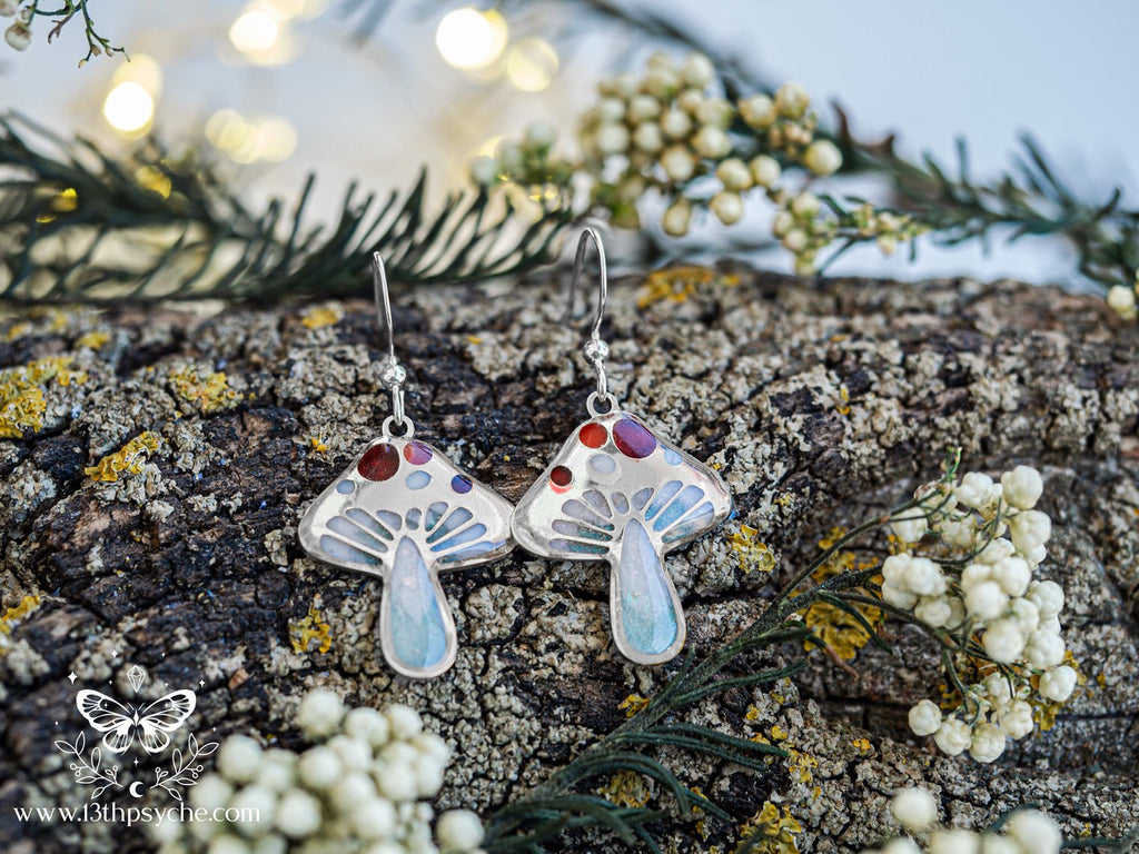 Handmade Stained glass inspired Mushroom earrings - 13th Psyche