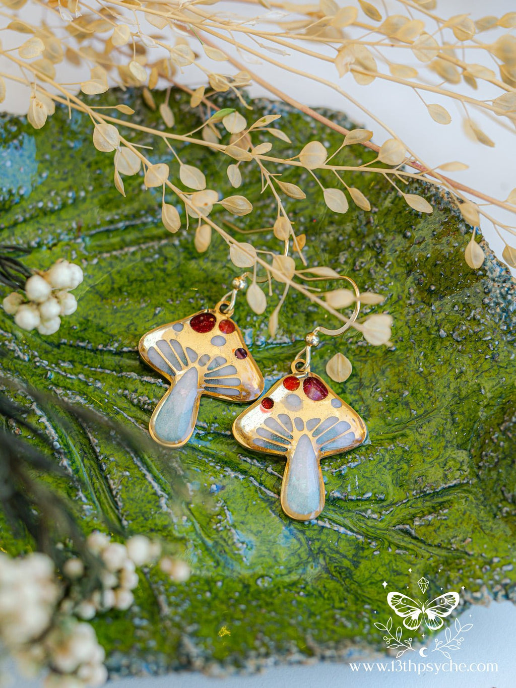 Handmade Stained glass inspired Mushroom earrings - 13th Psyche