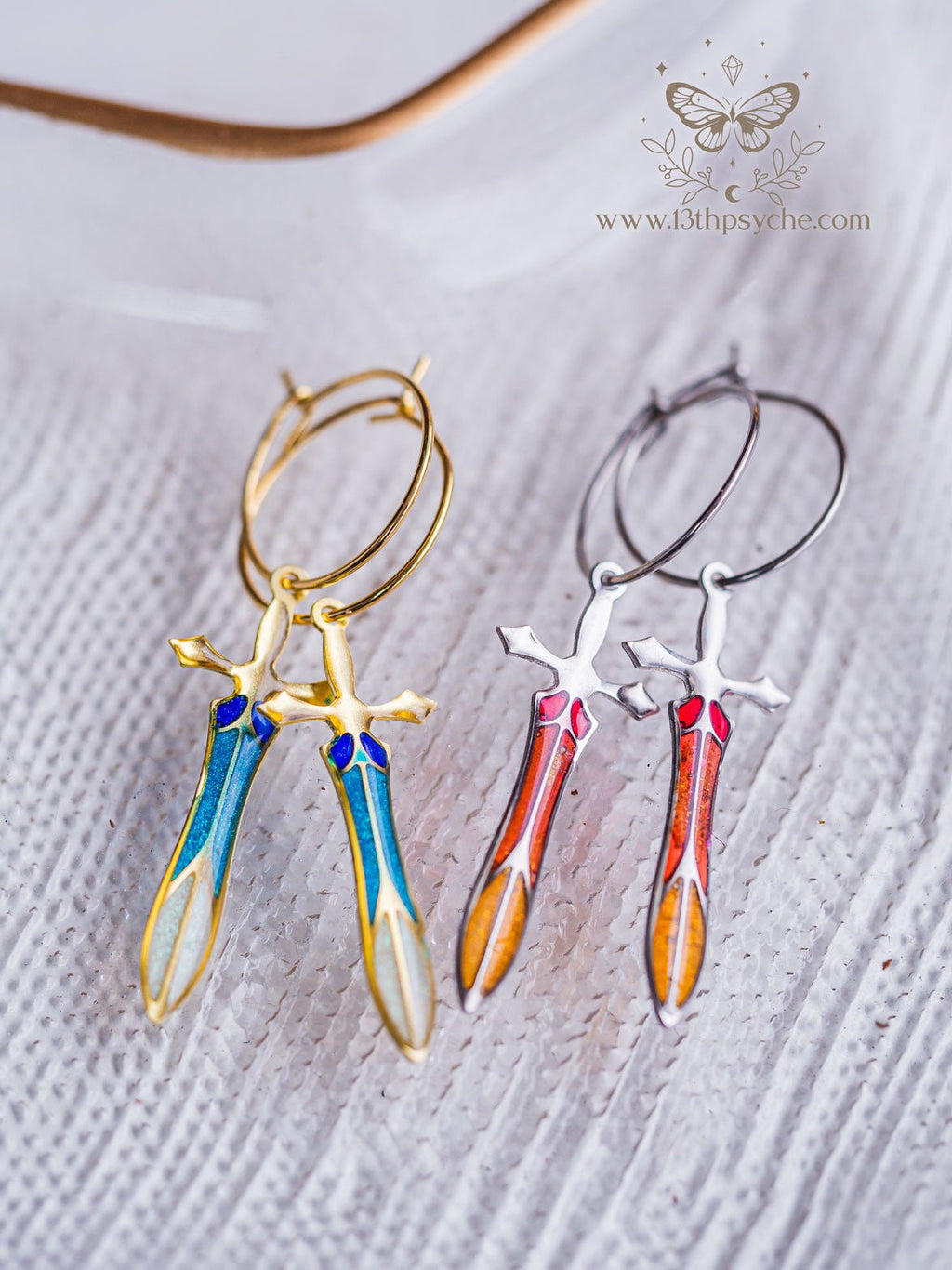 Handmade Stained glass inspired Sword hoop earrings - 13th Psyche