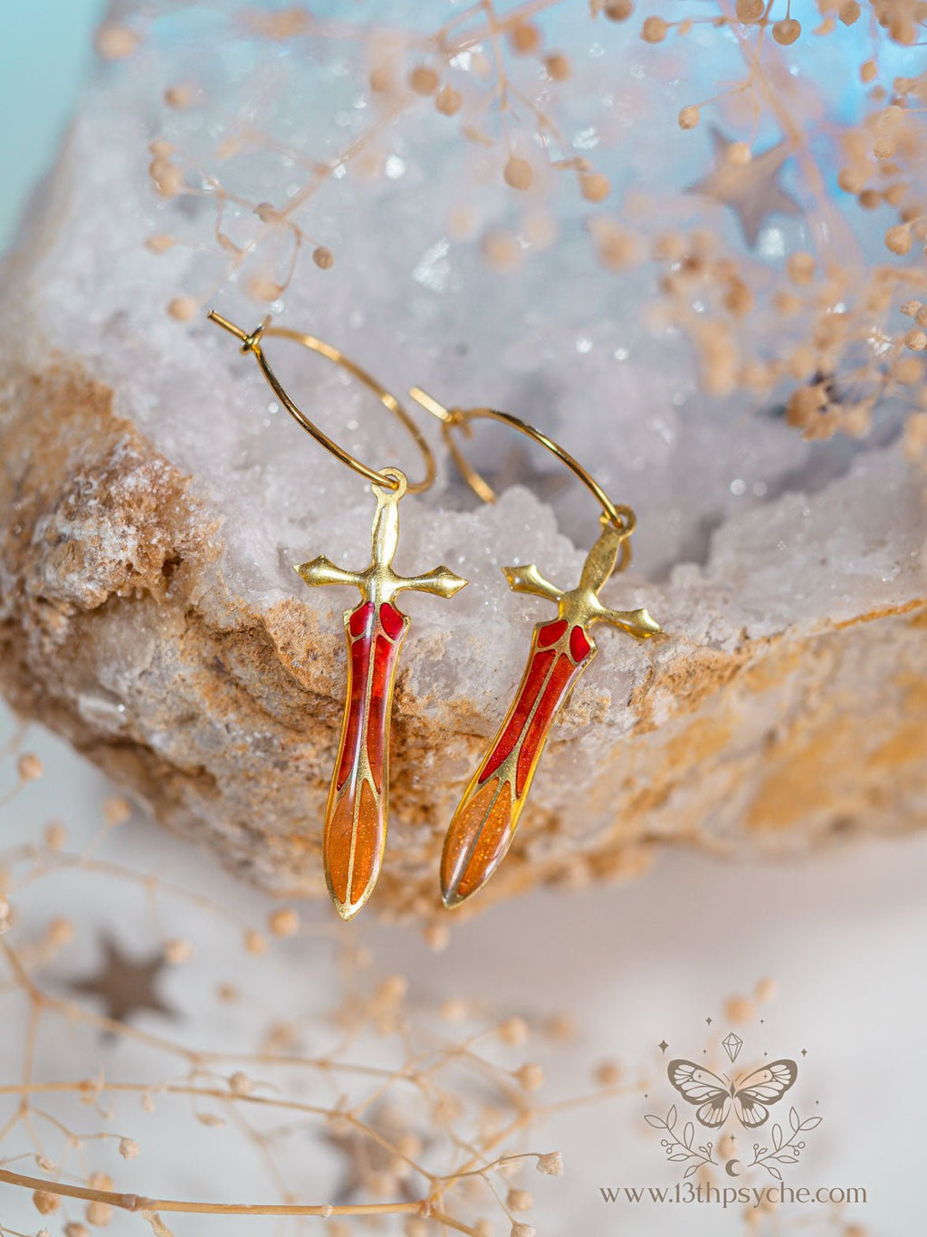 Handmade Stained glass inspired Sword hoop earrings - 13th Psyche