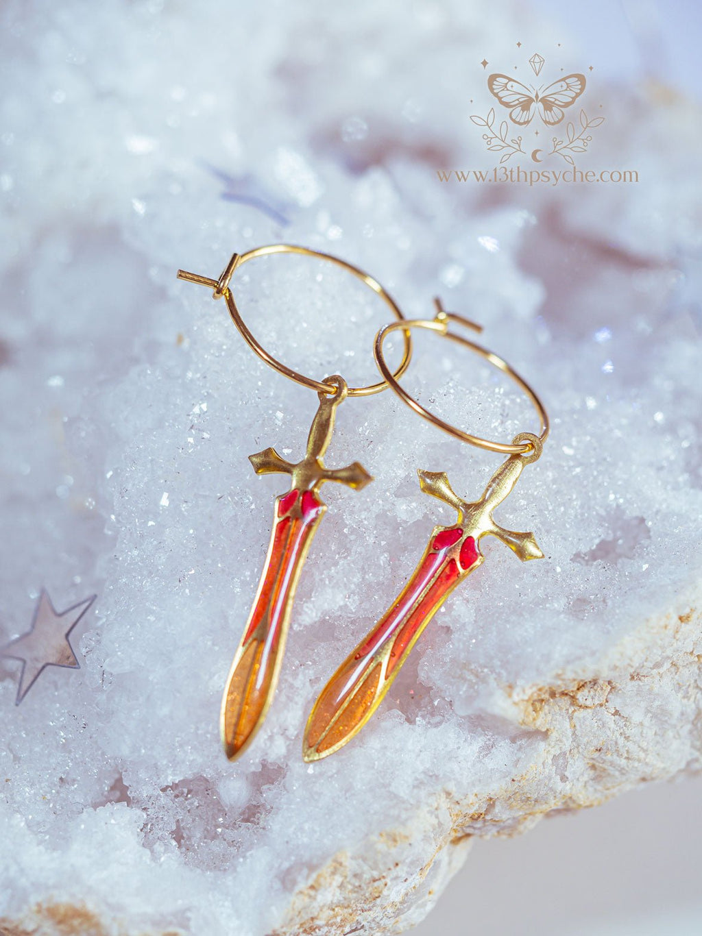 Handmade Stained glass inspired Sword hoop earrings - 13th Psyche