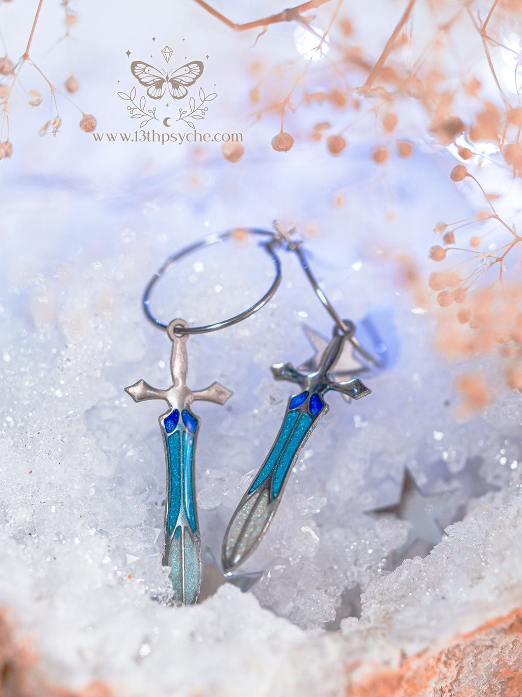 Handmade Stained glass inspired Sword hoop earrings - 13th Psyche