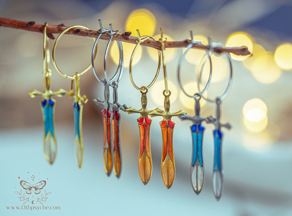 Handmade Stained glass inspired Sword hoop earrings - 13th Psyche