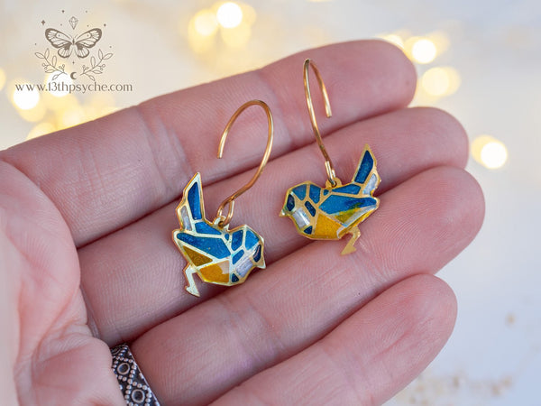 Handmade Stained glass inspired tiny blue bird earrings - 13th Psyche