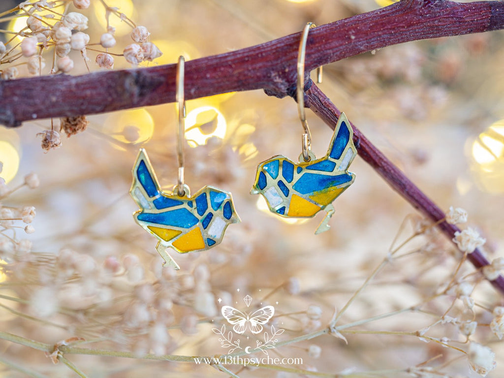 Handmade Stained glass inspired tiny blue bird earrings - 13th Psyche
