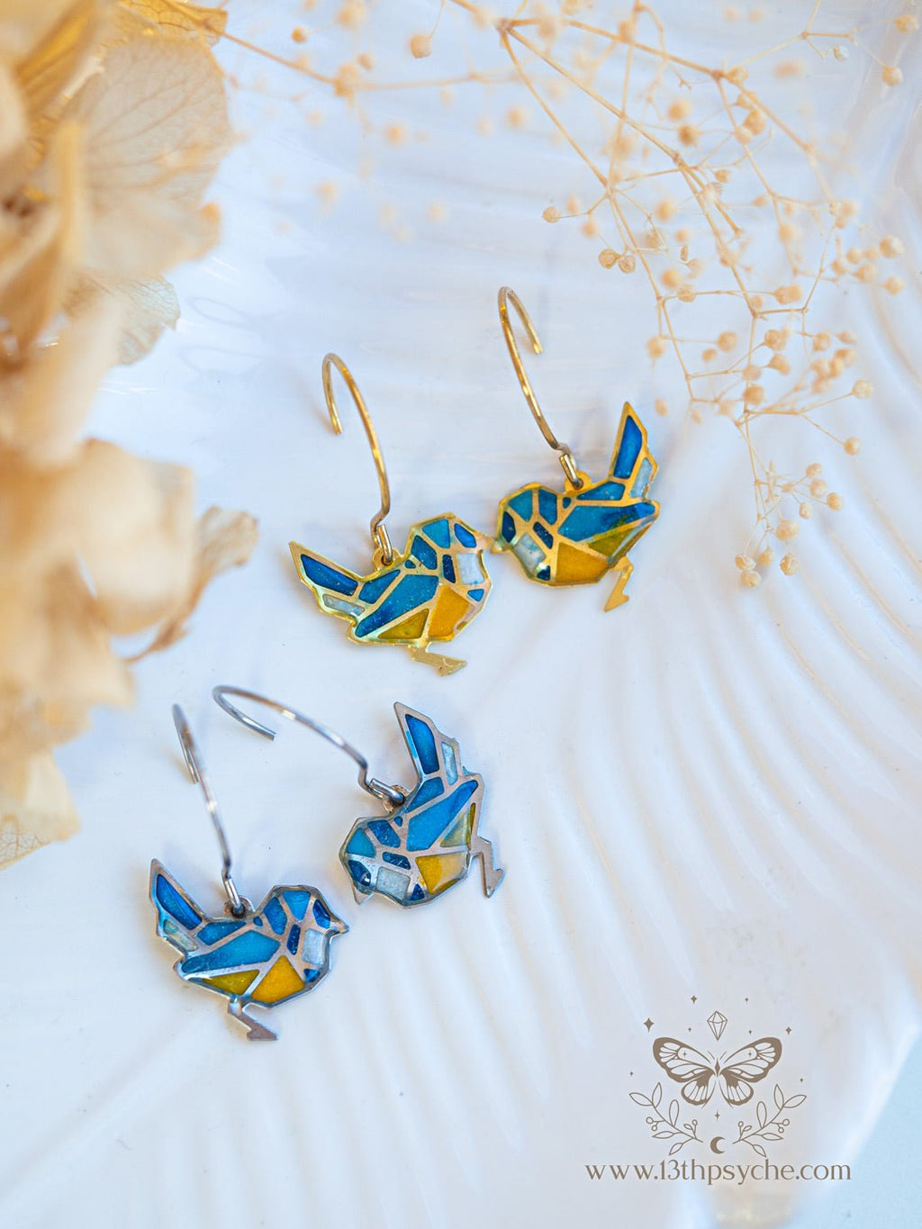 Handmade Stained glass inspired tiny blue bird earrings - 13th Psyche