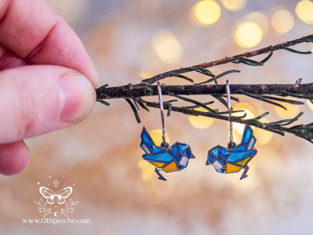 Handmade Stained glass inspired tiny blue bird earrings - 13th Psyche