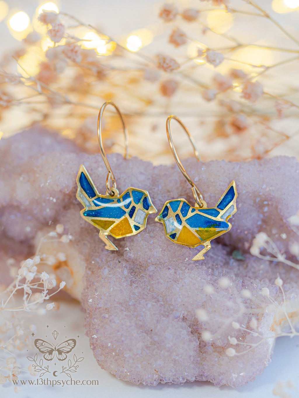 Handmade Stained glass inspired tiny blue bird earrings - 13th Psyche
