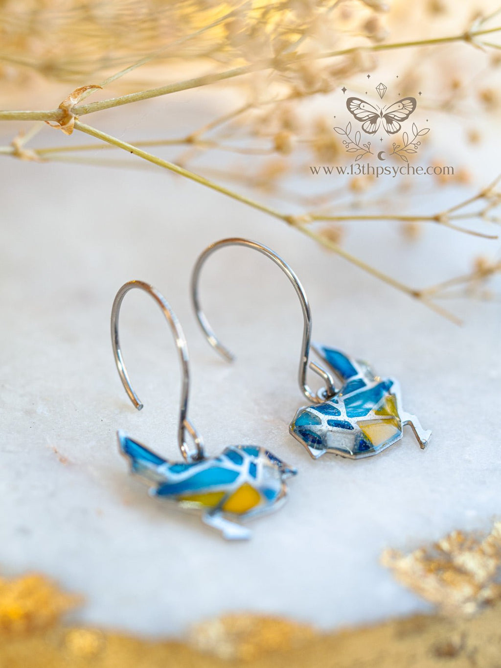 Handmade Stained glass inspired tiny blue bird earrings - 13th Psyche