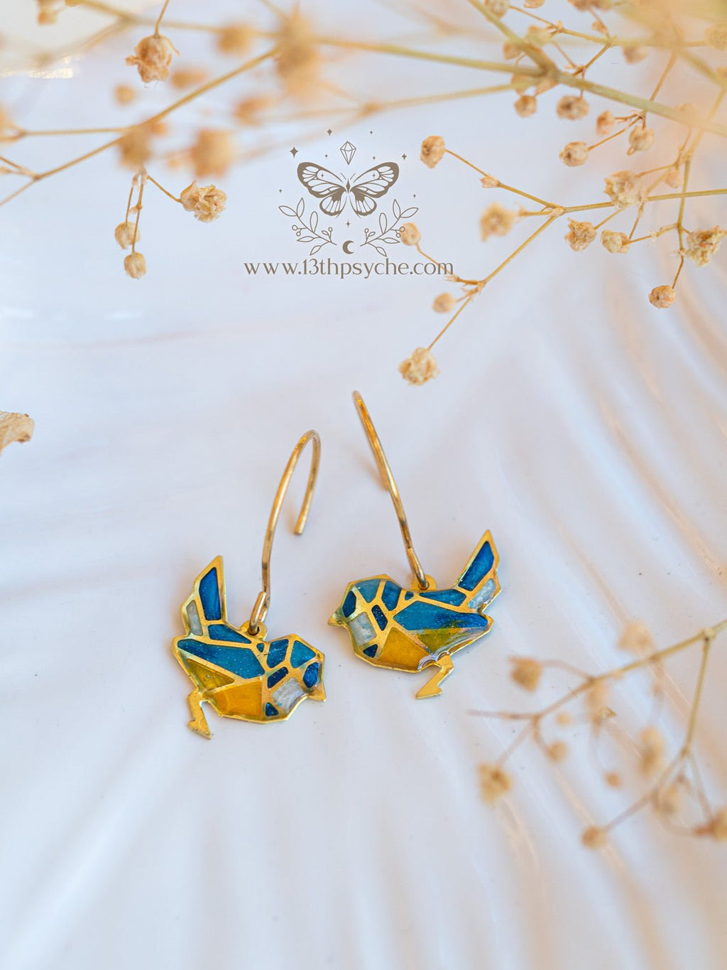 Handmade Stained glass inspired tiny blue bird earrings - 13th Psyche