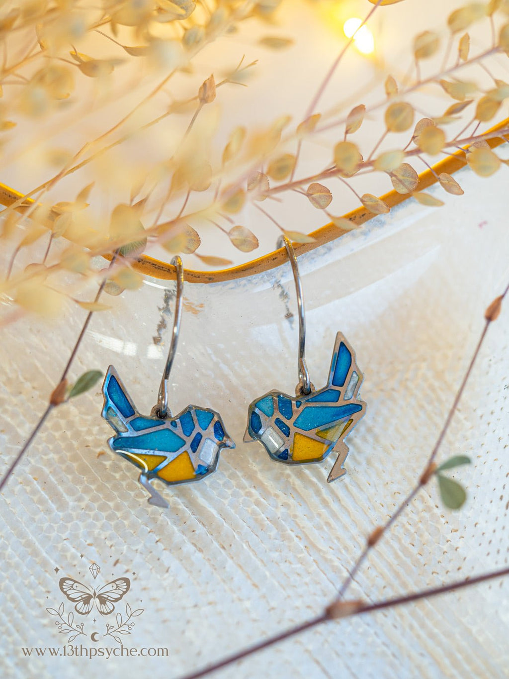 Handmade Stained glass inspired tiny blue bird earrings - 13th Psyche