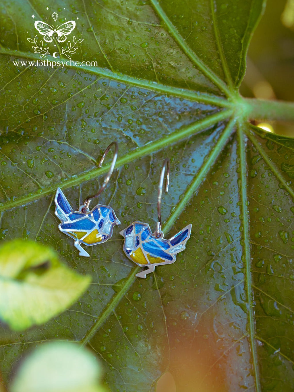 Handmade Stained glass inspired tiny blue bird earrings - 13th Psyche