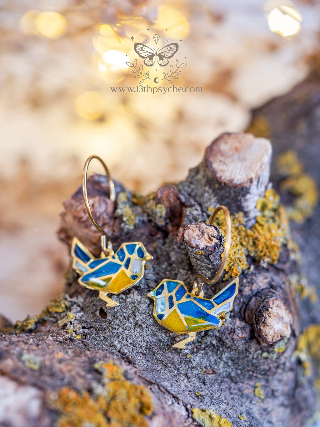 Handmade Stained glass inspired tiny blue bird earrings - 13th Psyche
